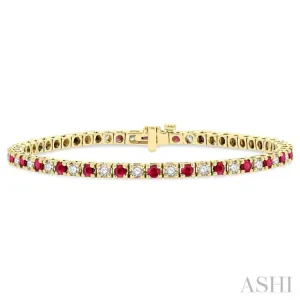 1 1/2 ctw Square Box Link 2.5MM Ruby and Round Cut Diamond Precious Tennis Bracelet in 14K Yellow Gold