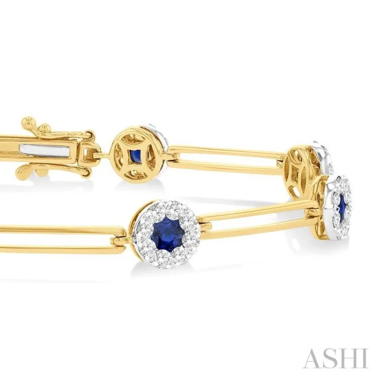 1 1/5 ctw Lovebright 3.00MM Sapphire and Round Cut Diamond Paper Clip Bracelet in 14K Yellow and White Gold