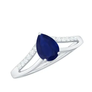 1 CT Pear Cut Solitaire Blue Sapphire Split Shank Ring with Diamond