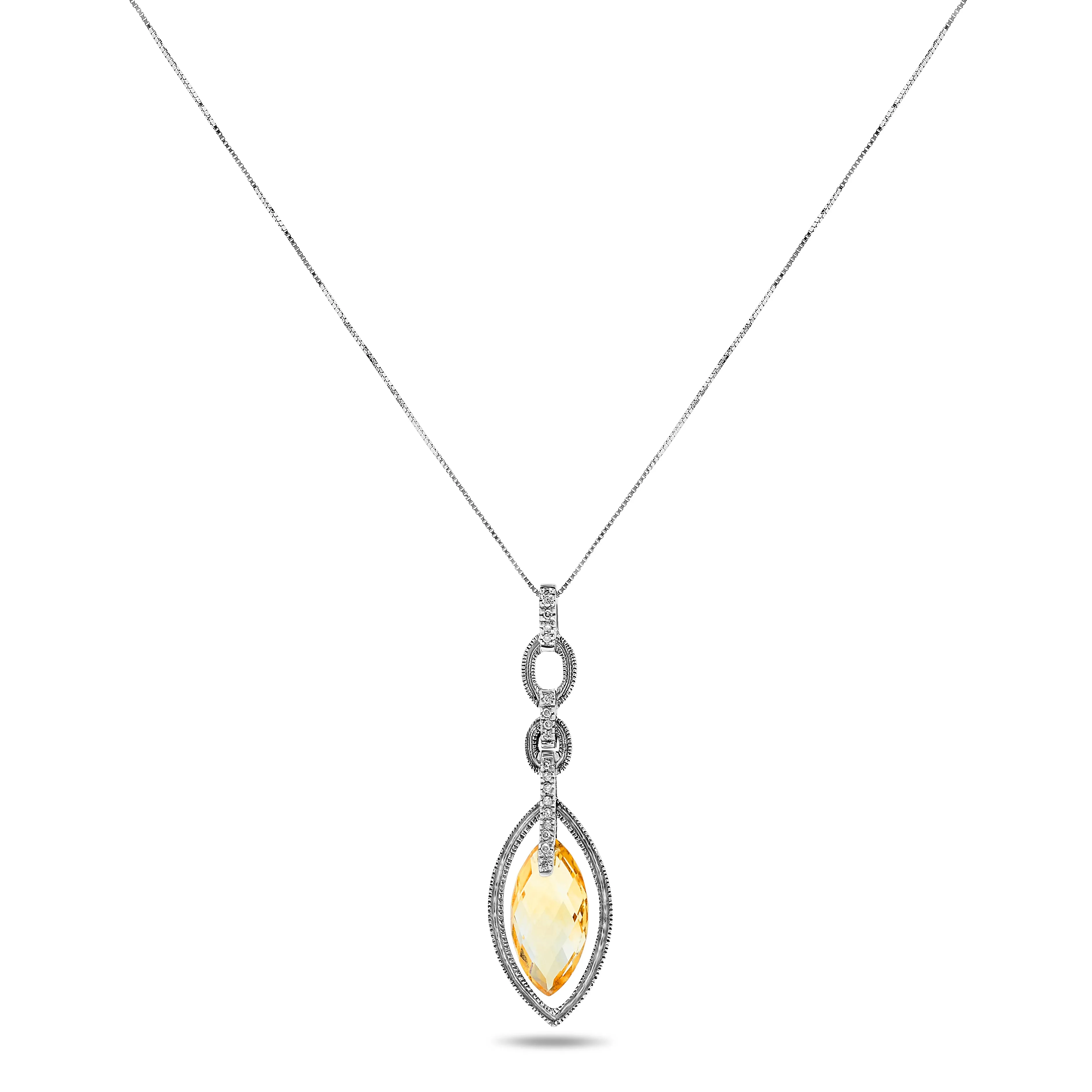 10k White Gold Long Dangle Citrine and Diamond Halo Gemstone Pendant Necklace, Birthstone of November