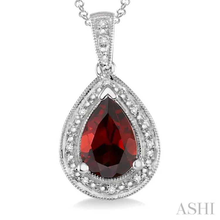 10x7 MM Pear Shape Garnet and 1/20 Ctw Single Cut Diamond Pendant in Sterling Silver with chain