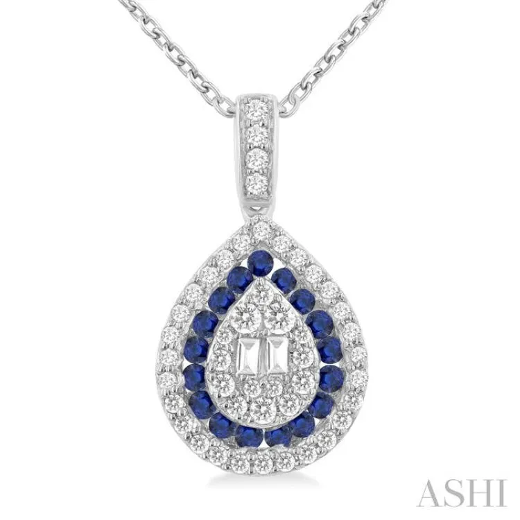 1/4 Ctw Pear Shape 1.25 MM & 1.45 MM Sapphire, Baguette and Round Cut Diamond Precious Pendant With Chain in 14K White Gold