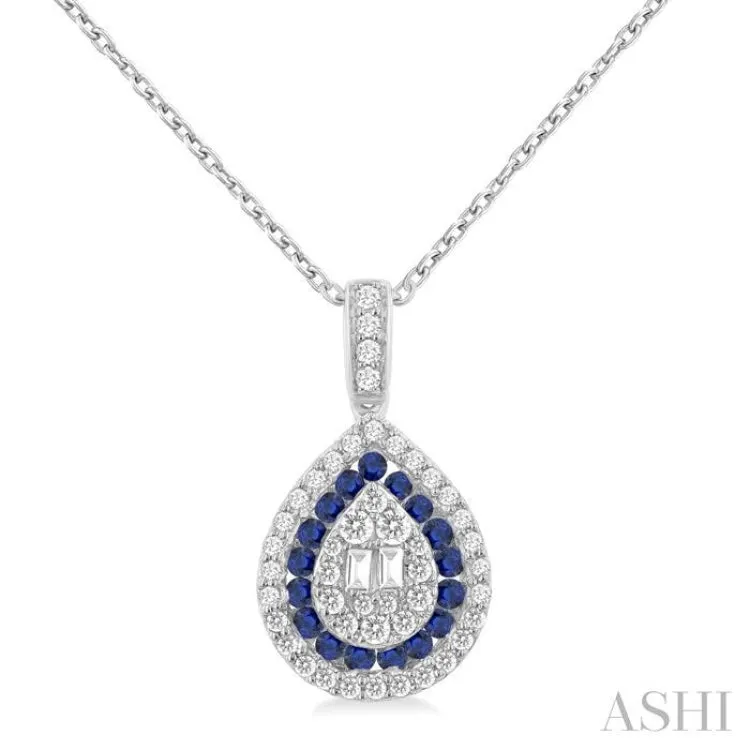 1/4 Ctw Pear Shape 1.25 MM & 1.45 MM Sapphire, Baguette and Round Cut Diamond Precious Pendant With Chain in 14K White Gold