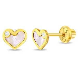 14k Gold Mother of Pearl & CZ Heart Kids / Children's / Girls Earrings Safety Screw Back