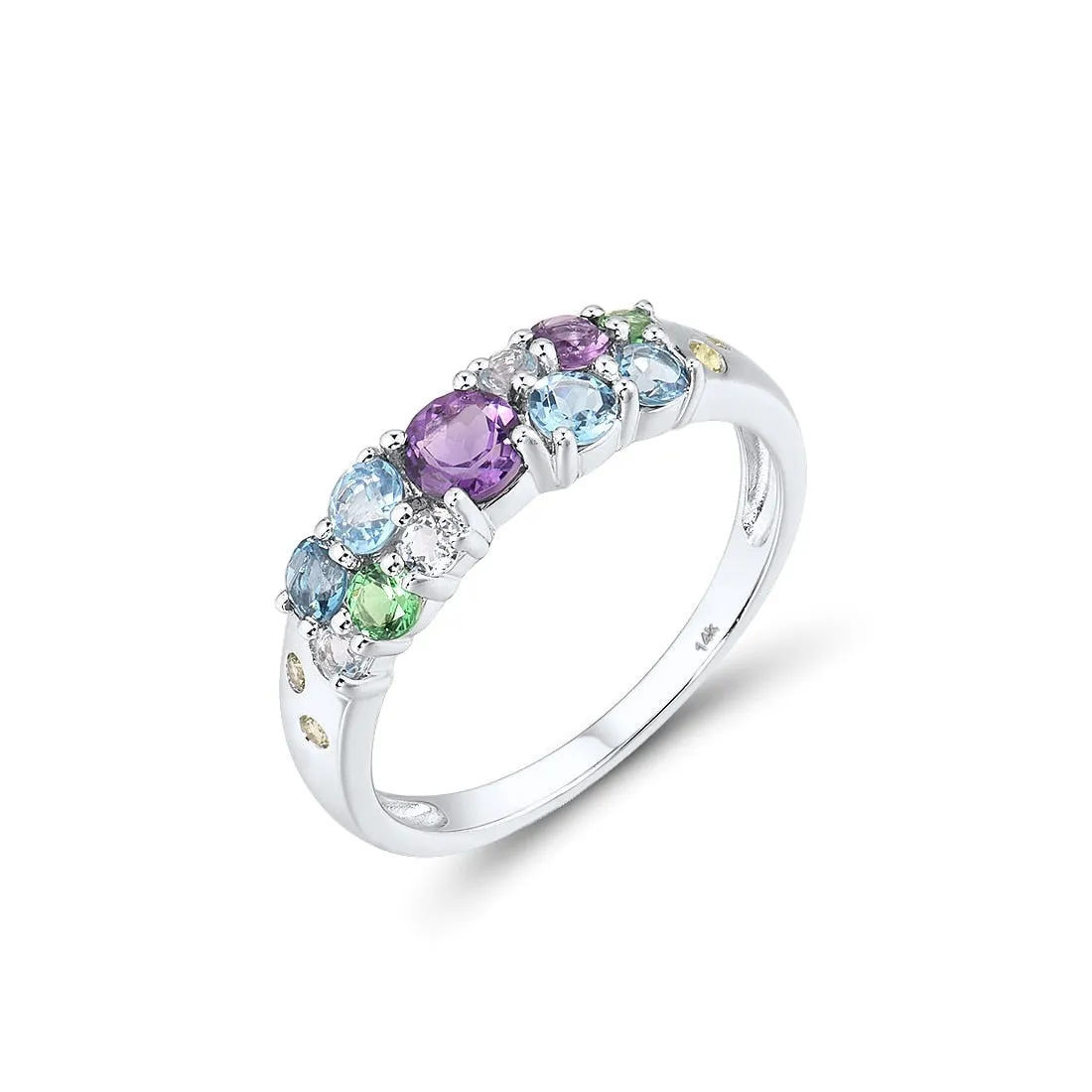 14K White Gold Multicolor Gems (Amethyst, Garnet, Peridot, Topaz)Handmade Fine Jewelry Rings For Lady Sparkling