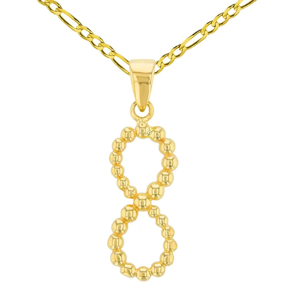 14K Yellow Gold Beaded Vertical Infinity Pendant with Cable, Curb, or Figaro Chain Necklaces