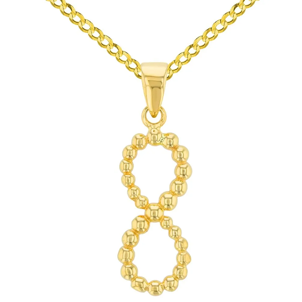 14K Yellow Gold Beaded Vertical Infinity Pendant with Cable, Curb, or Figaro Chain Necklaces