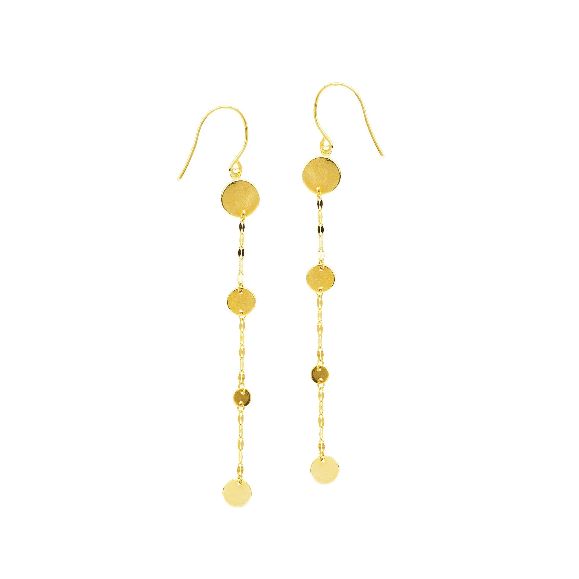 14K Yellow Gold Round Discs Drop Earrings