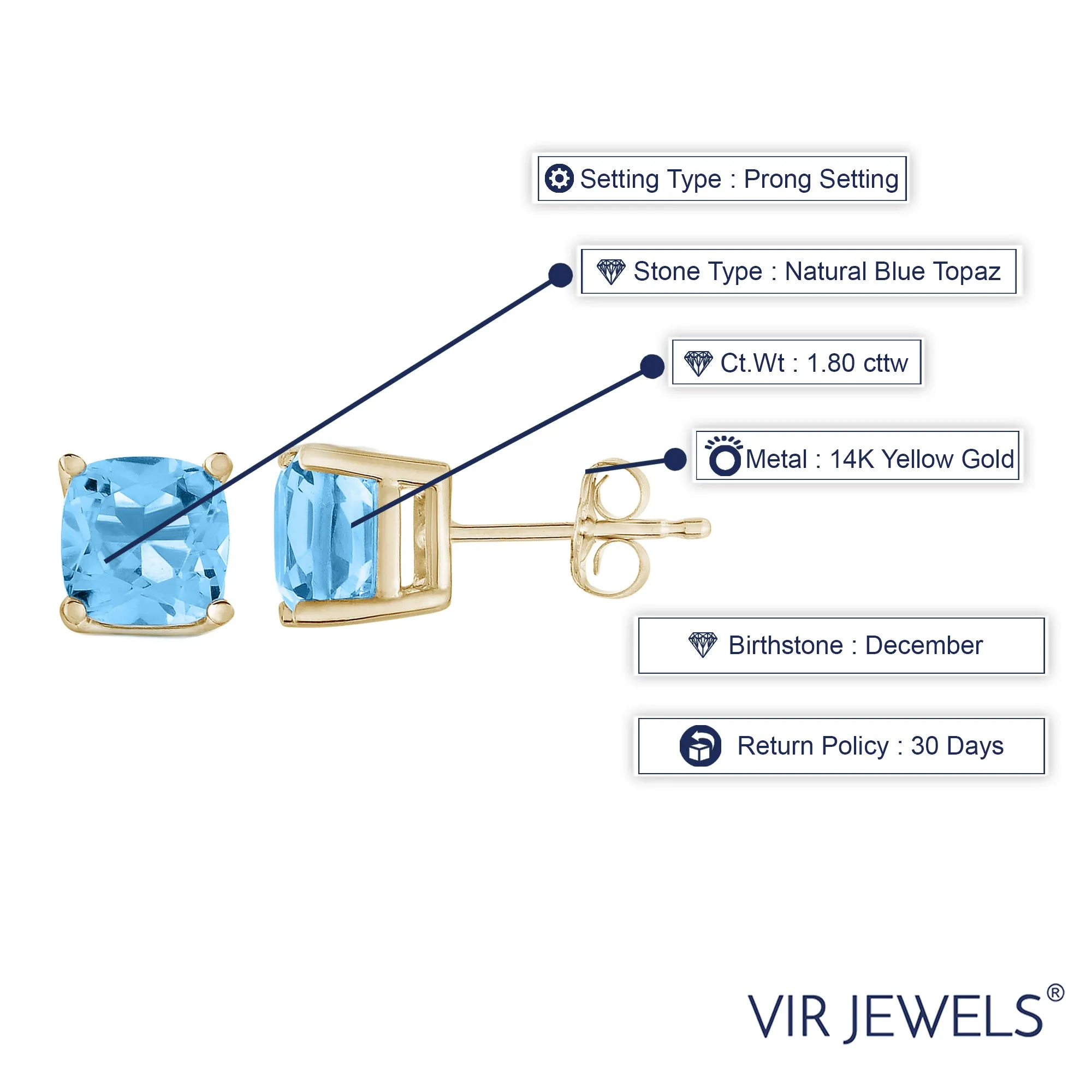 1.80 cttw 6 MM Blue Topaz Stud Earrings 14K Yellow Gold Cushion Cut with Push Backs December Birthstone