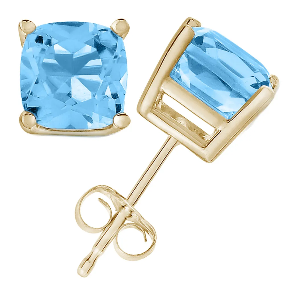 1.80 cttw 6 MM Blue Topaz Stud Earrings 14K Yellow Gold Cushion Cut with Push Backs December Birthstone