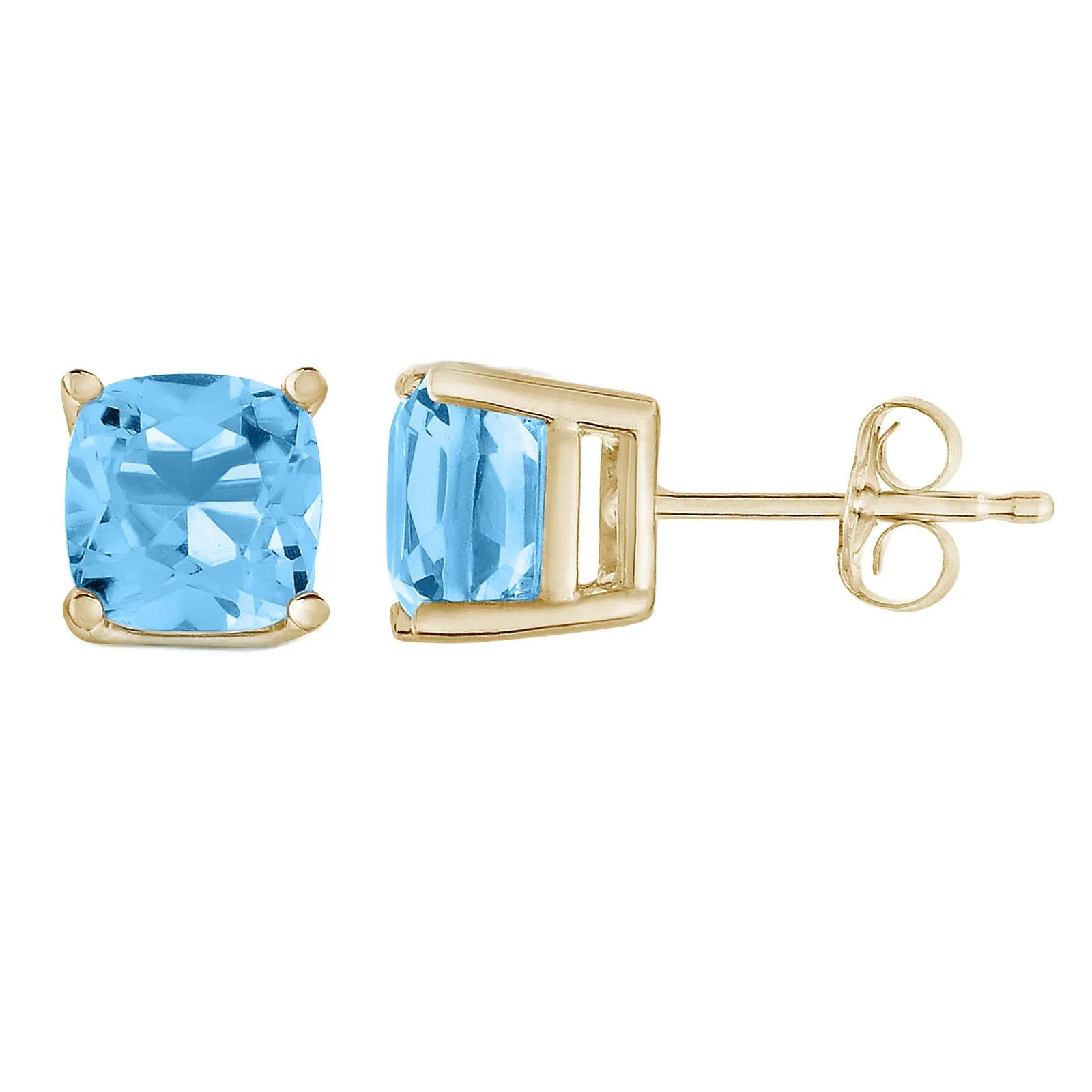 1.80 cttw 6 MM Blue Topaz Stud Earrings 14K Yellow Gold Cushion Cut with Push Backs December Birthstone