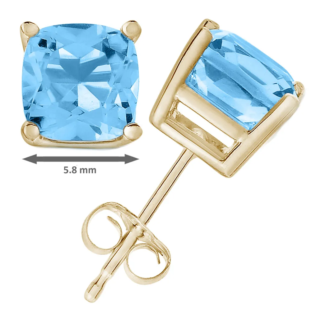 1.80 cttw 6 MM Blue Topaz Stud Earrings 14K Yellow Gold Cushion Cut with Push Backs December Birthstone