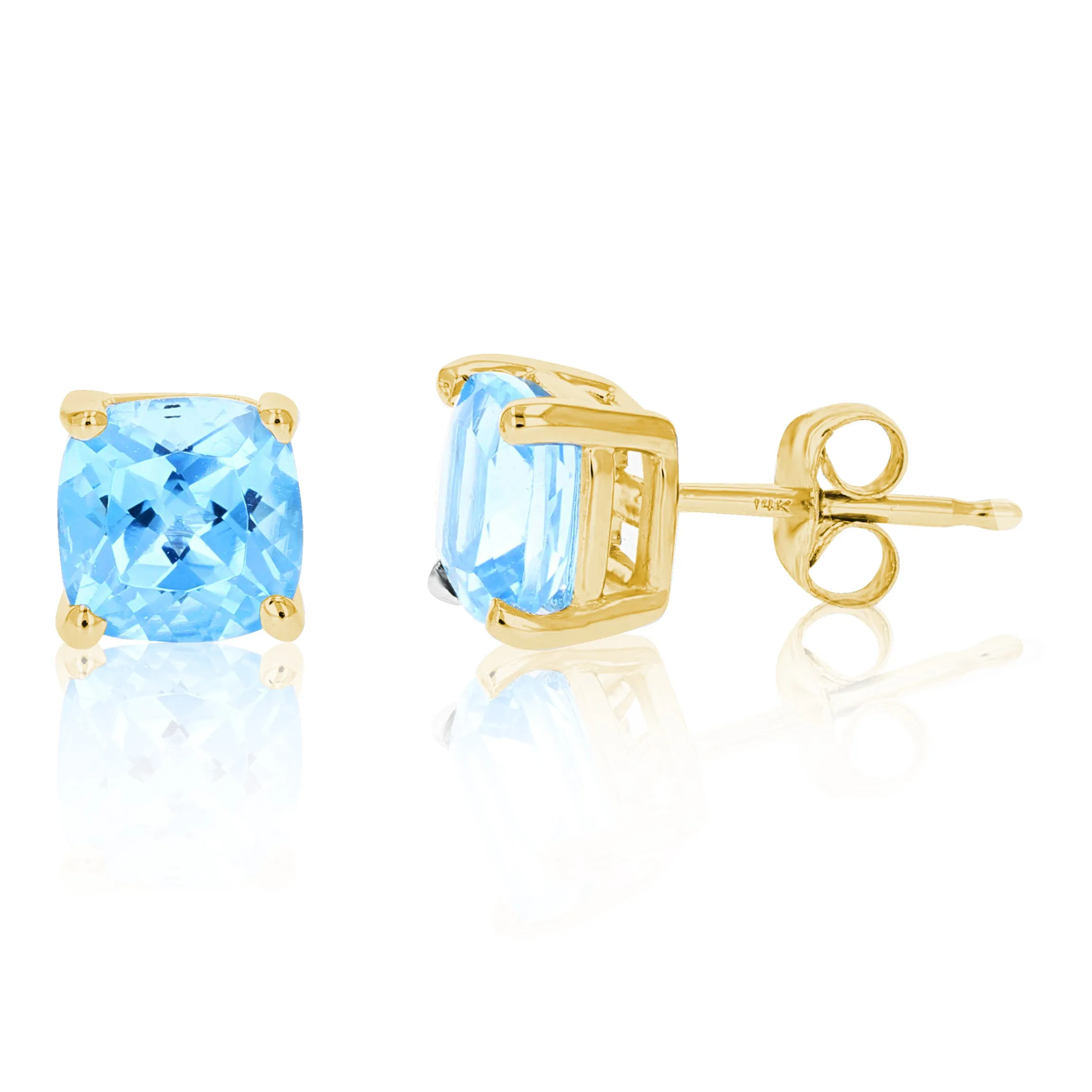 1.80 cttw 6 MM Blue Topaz Stud Earrings 14K Yellow Gold Cushion Cut with Push Backs December Birthstone