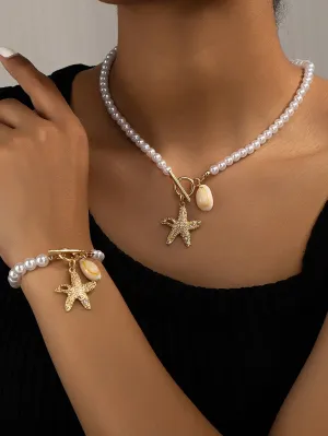 1pc Starfish Shell Pendant Necklace & 1pc Wave Beaded Bracelet Set Bohemian