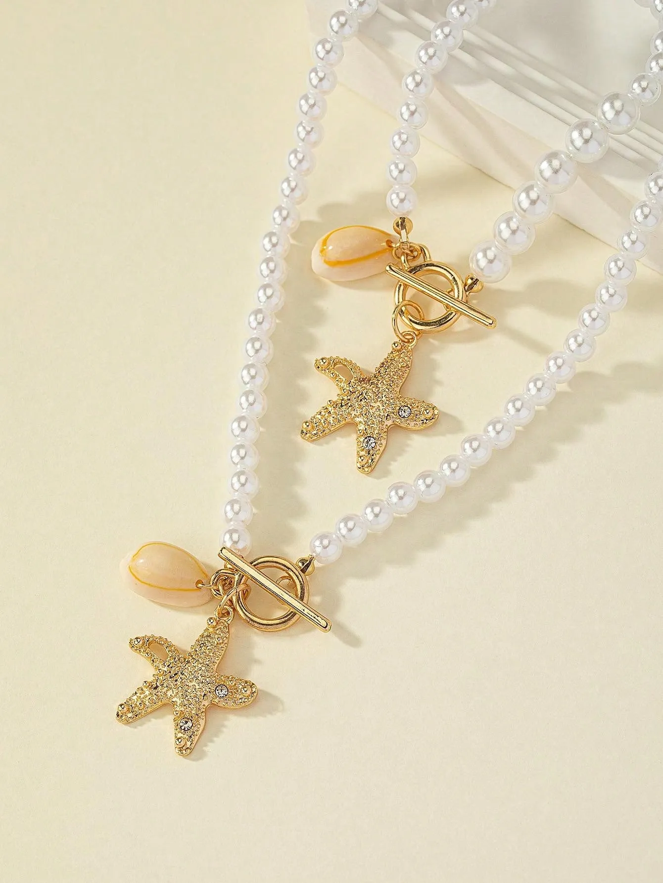 1pc Starfish Shell Pendant Necklace & 1pc Wave Beaded Bracelet Set Bohemian