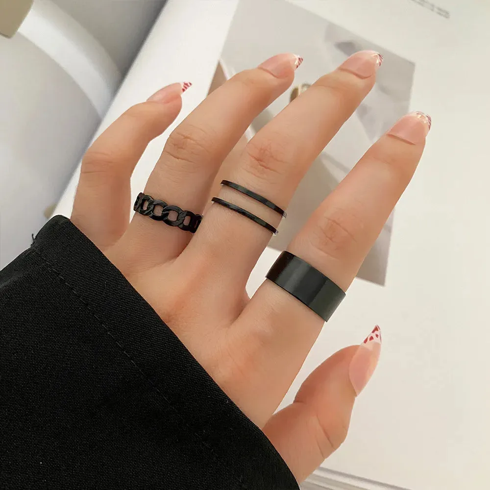 3PCS Black Ring Joint Finger Chain Adjustable Jewelry Anneaux for Men Women Gothic Anillos Aesthetic Anel Trend Accessories