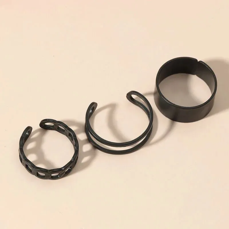 3PCS Black Ring Joint Finger Chain Adjustable Jewelry Anneaux for Men Women Gothic Anillos Aesthetic Anel Trend Accessories