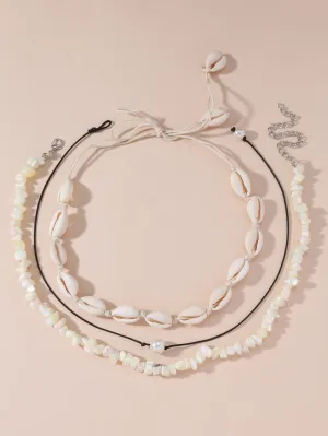 3pcs/set Bohemian Style Natural Shell & Faux Pearl Chip Necklace For Summer