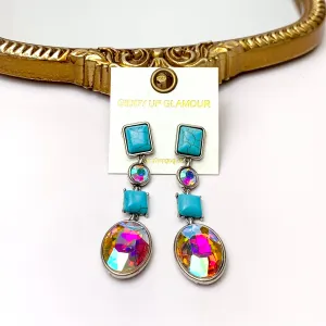 4 Tier Rectangle Post Faux Turquoise and AB Crystal Dangle Earrings