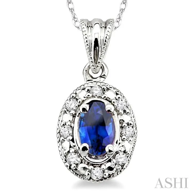 5x3mm Oval Shape Sapphire and 1/20 Ctw Single Cut Diamond Pendant in 10K White Gold with Chain.