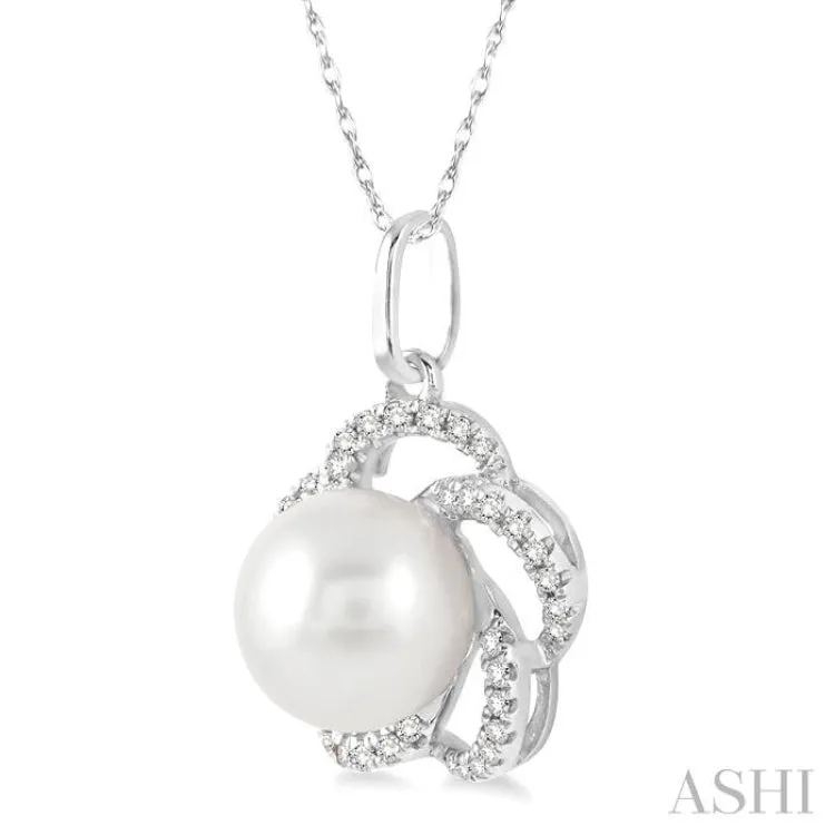 7x7 MM Cultured Pearl and 1/8 Ctw Round Cut Diamond Pendant in 14K White Gold with Chain