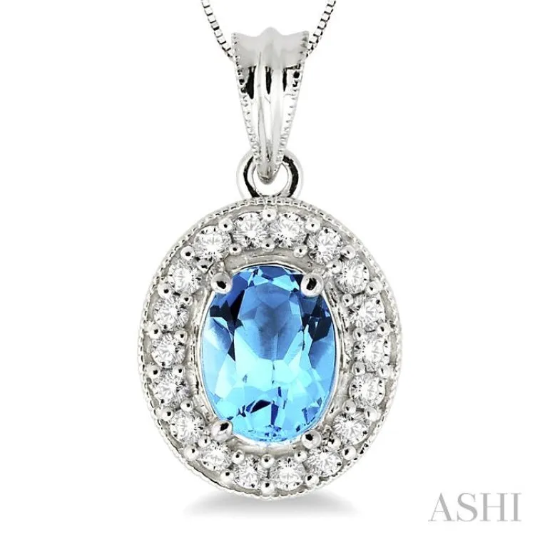 8x6 MM Oval Cut Blue Topaz and 1/3 Ctw Round Cut Diamond Pendant in 14K White Gold with Chain