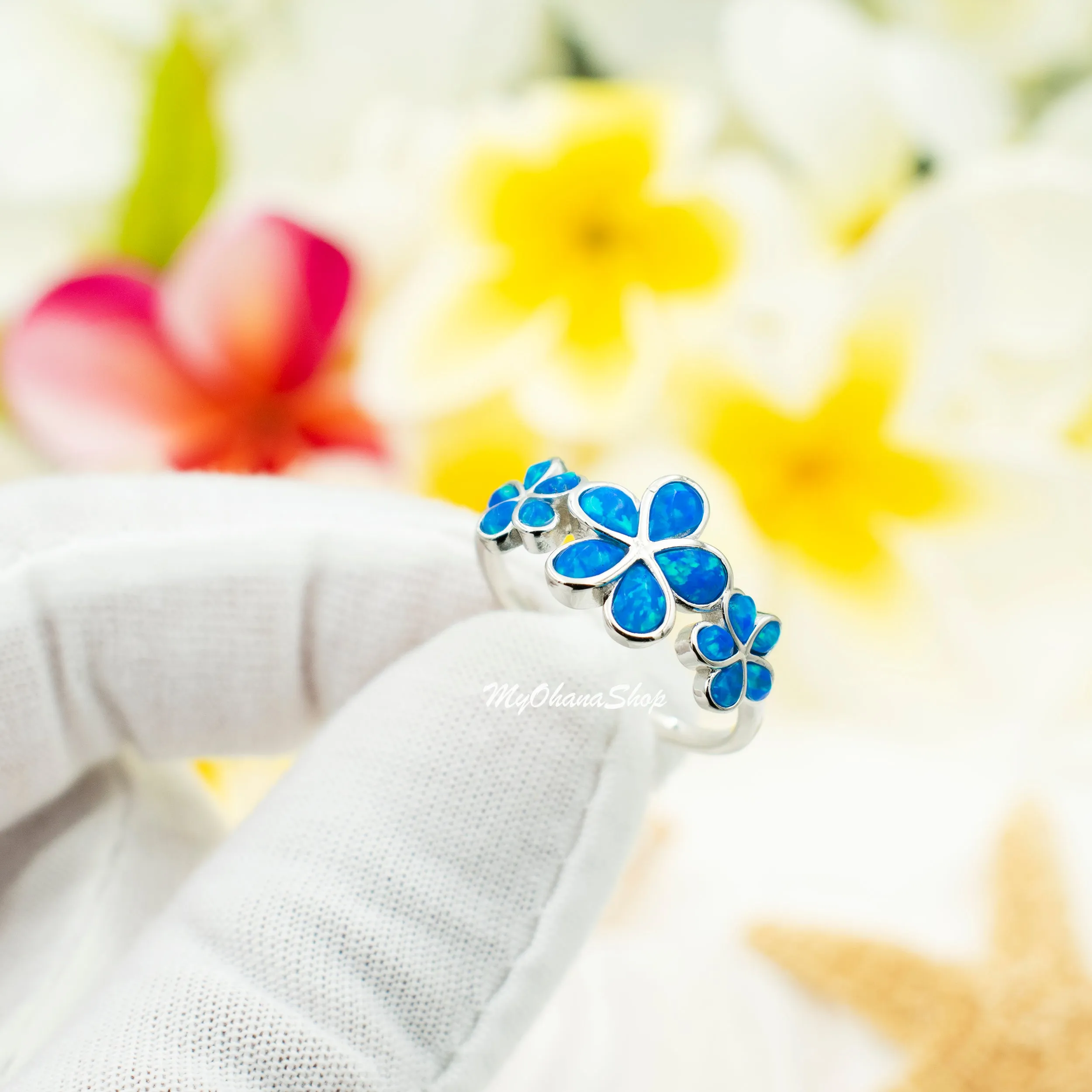 925 Sterling Silver Hawaiian Plumerias Ring For Women. Royal, Elegant, White or Blue Opal Flowers Cluster Wedding, Pinky, Statement Ring.