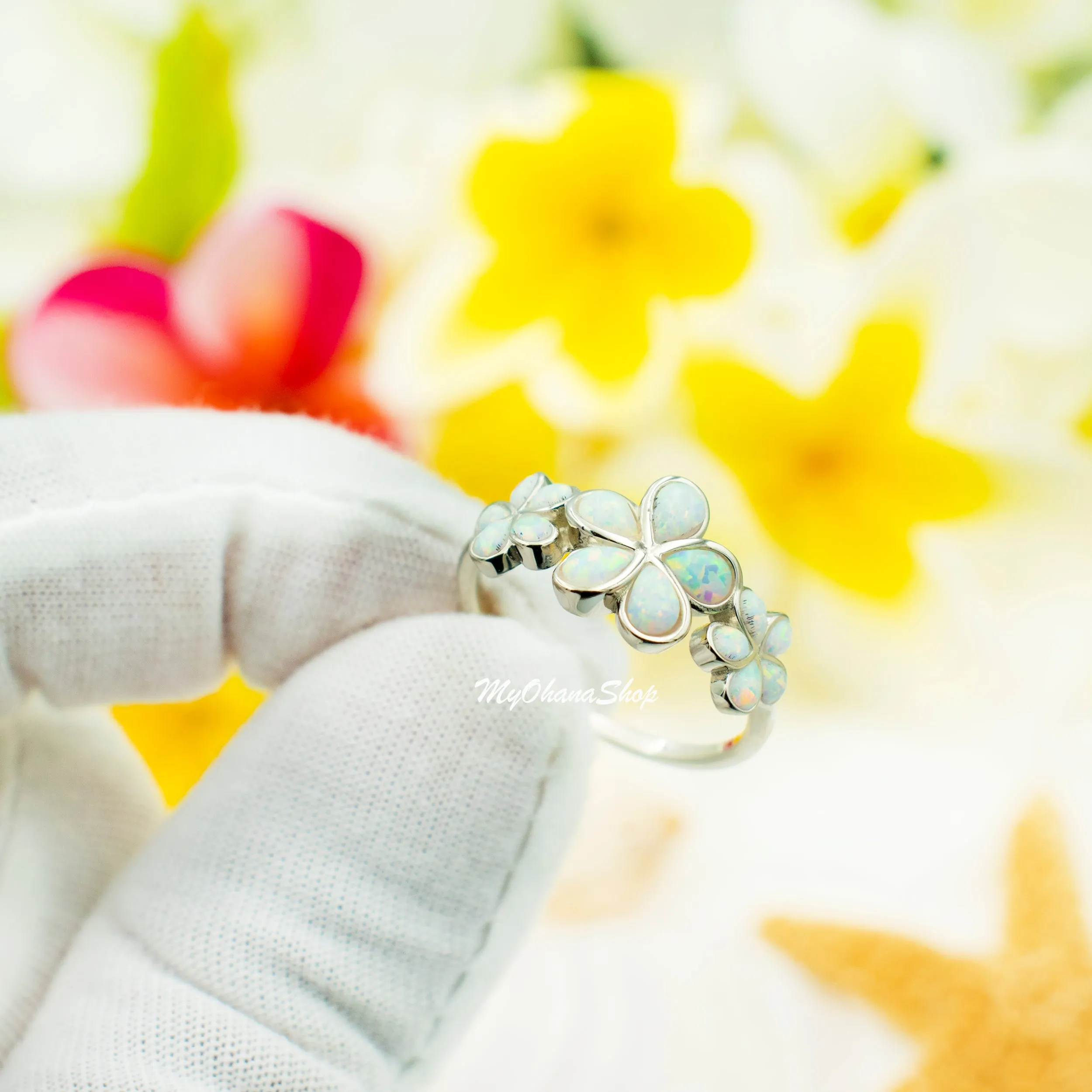 925 Sterling Silver Hawaiian Plumerias Ring For Women. Royal, Elegant, White or Blue Opal Flowers Cluster Wedding, Pinky, Statement Ring.