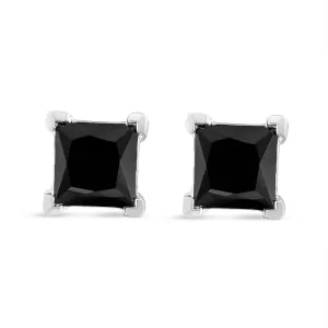 .925 Sterling Silver Princess-Cut Square Black Diamond Classic 4-Prong Stud Earrings with Screw Backs