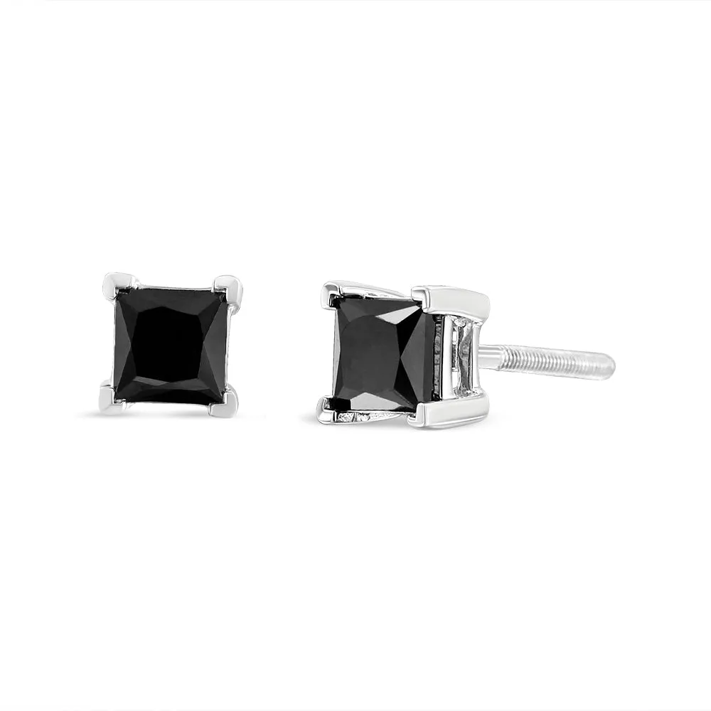 .925 Sterling Silver Princess-Cut Square Black Diamond Classic 4-Prong Stud Earrings with Screw Backs