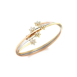 9K 3-Colour Gold CZ 6-Flower Cluster Bangle