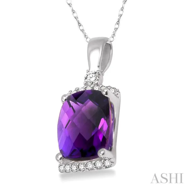 9x7MM Cushion Cut Amethyst and 1/10 Ctw Round Cut Diamond Pendant in 14K White Gold with Chain