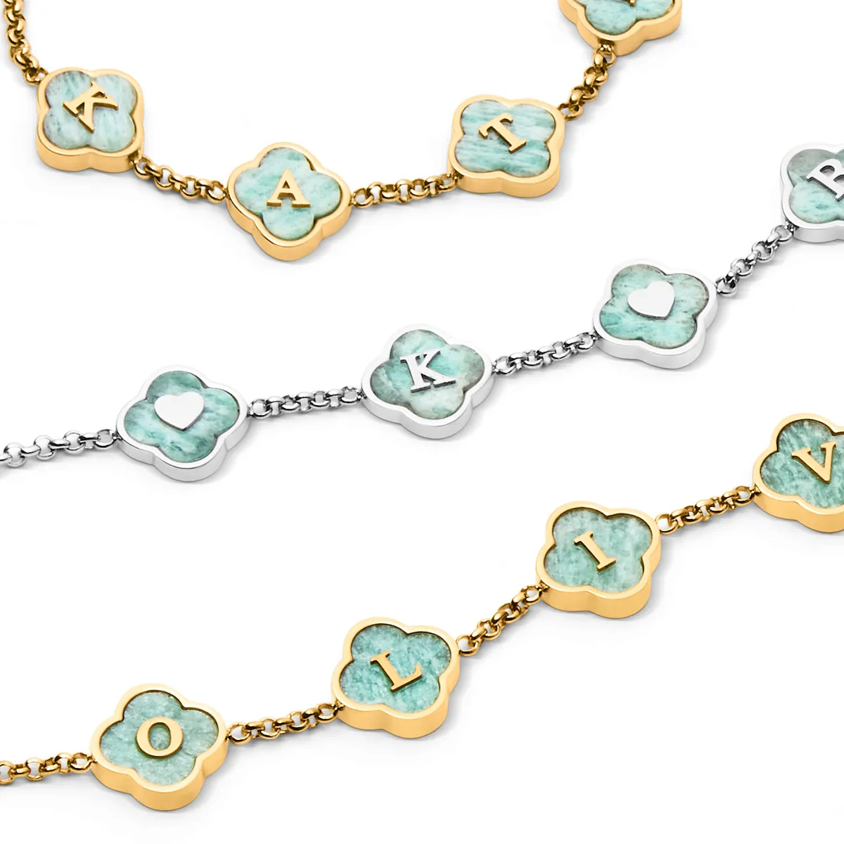 Amazonite Clover Custom Name Bracelet (Silver)