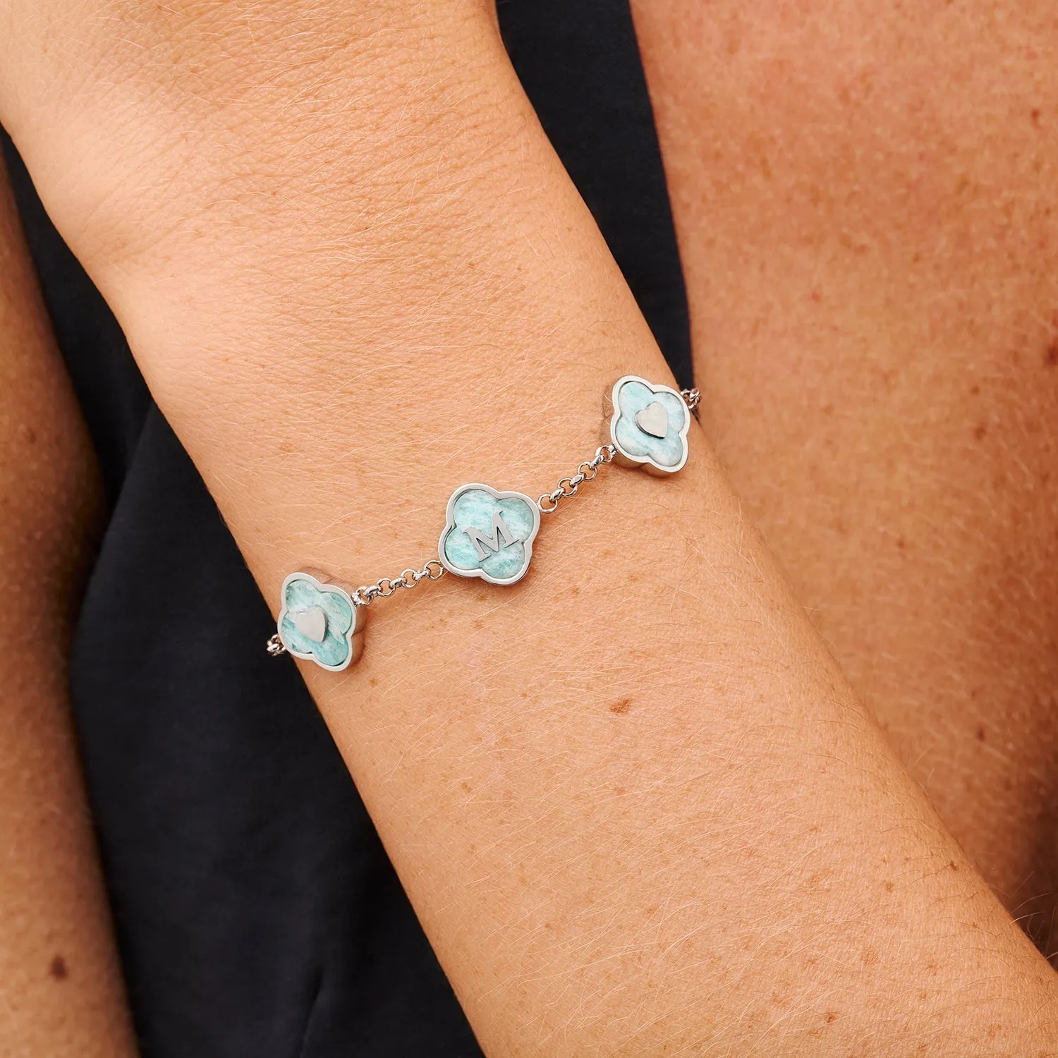 Amazonite Clover Custom Name Bracelet (Silver)