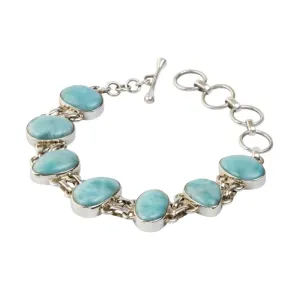 An Exquisite Double Linked Sterling Silver Bracelet with 7 unique shaped Larimar Crystals