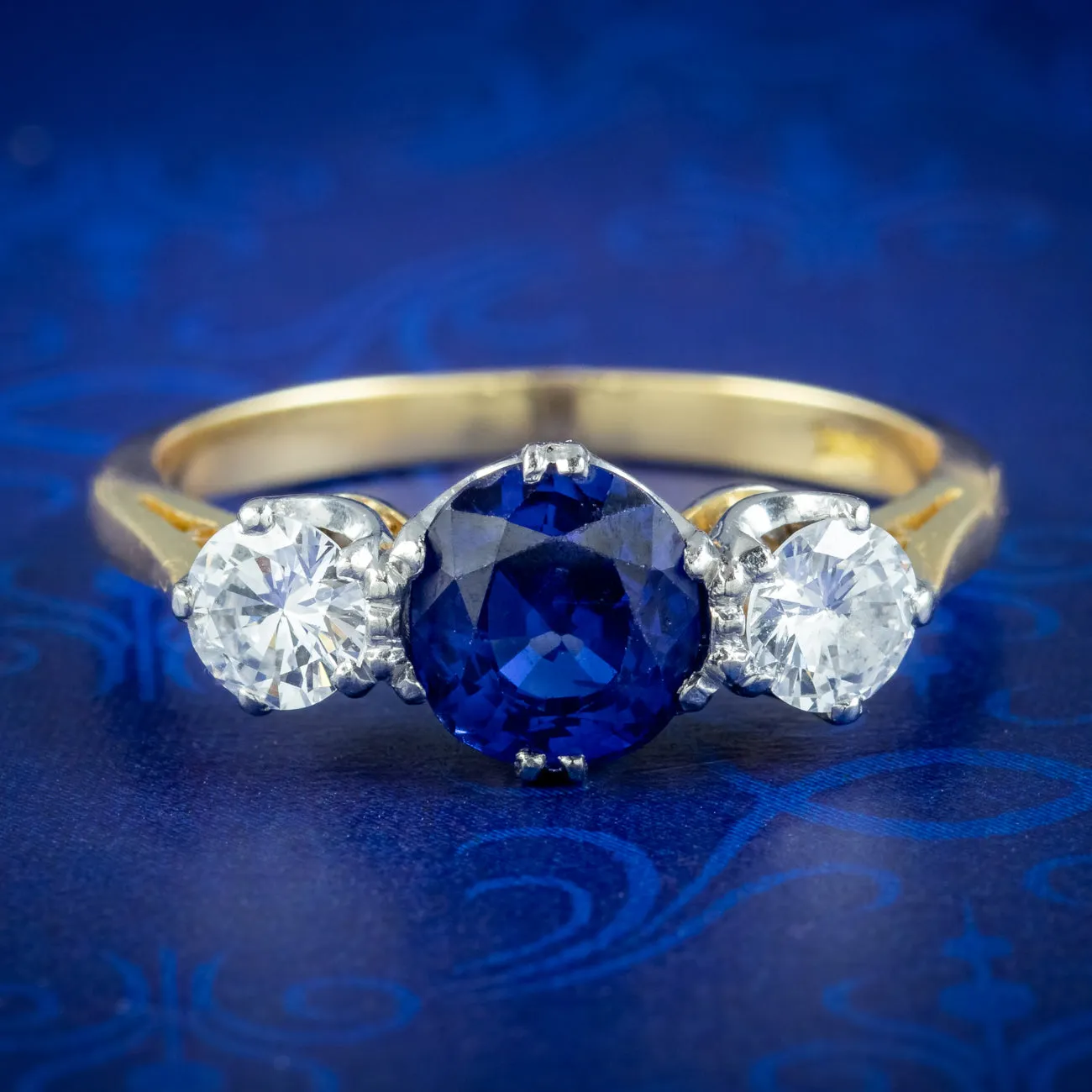 Antique Edwardian Ceylon Sapphire Diamond Trilogy Ring 1.51ct Sapphire With Cert