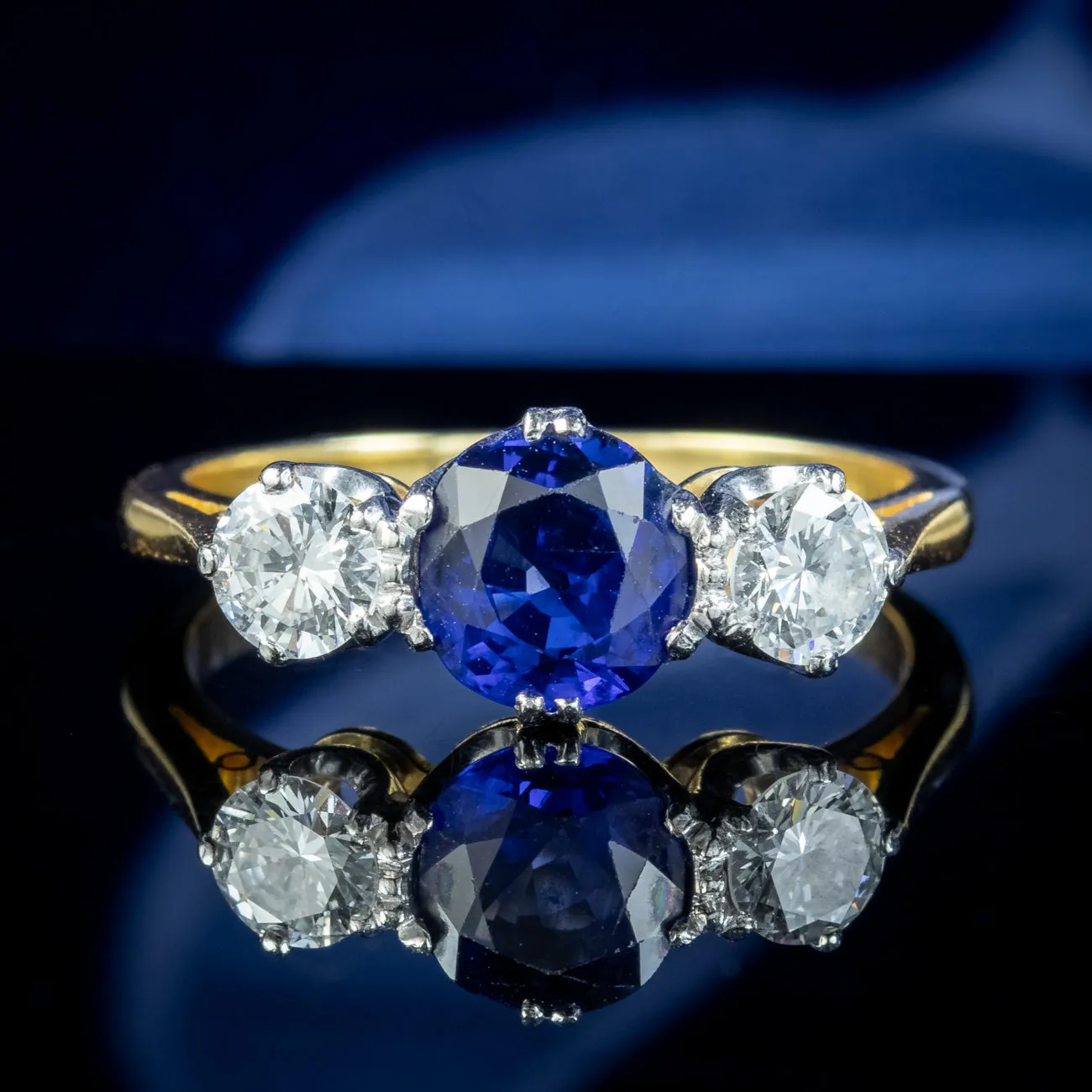 Antique Edwardian Ceylon Sapphire Diamond Trilogy Ring 1.51ct Sapphire With Cert