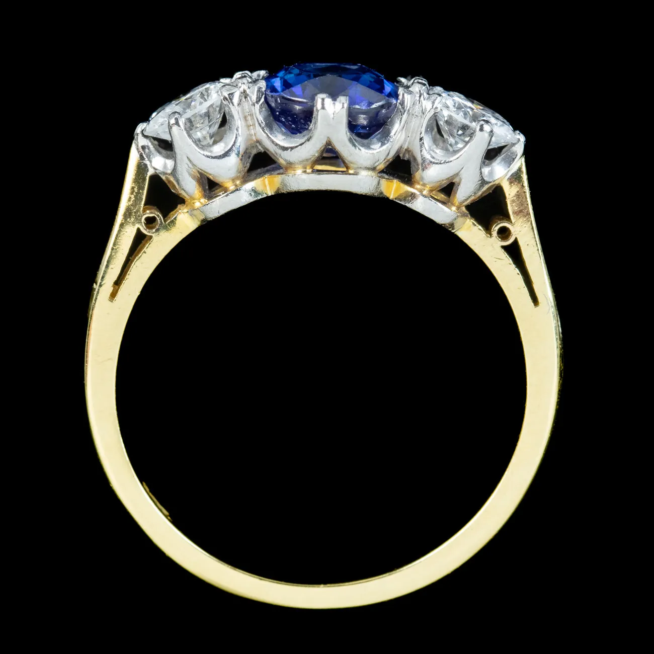 Antique Edwardian Ceylon Sapphire Diamond Trilogy Ring 1.51ct Sapphire With Cert