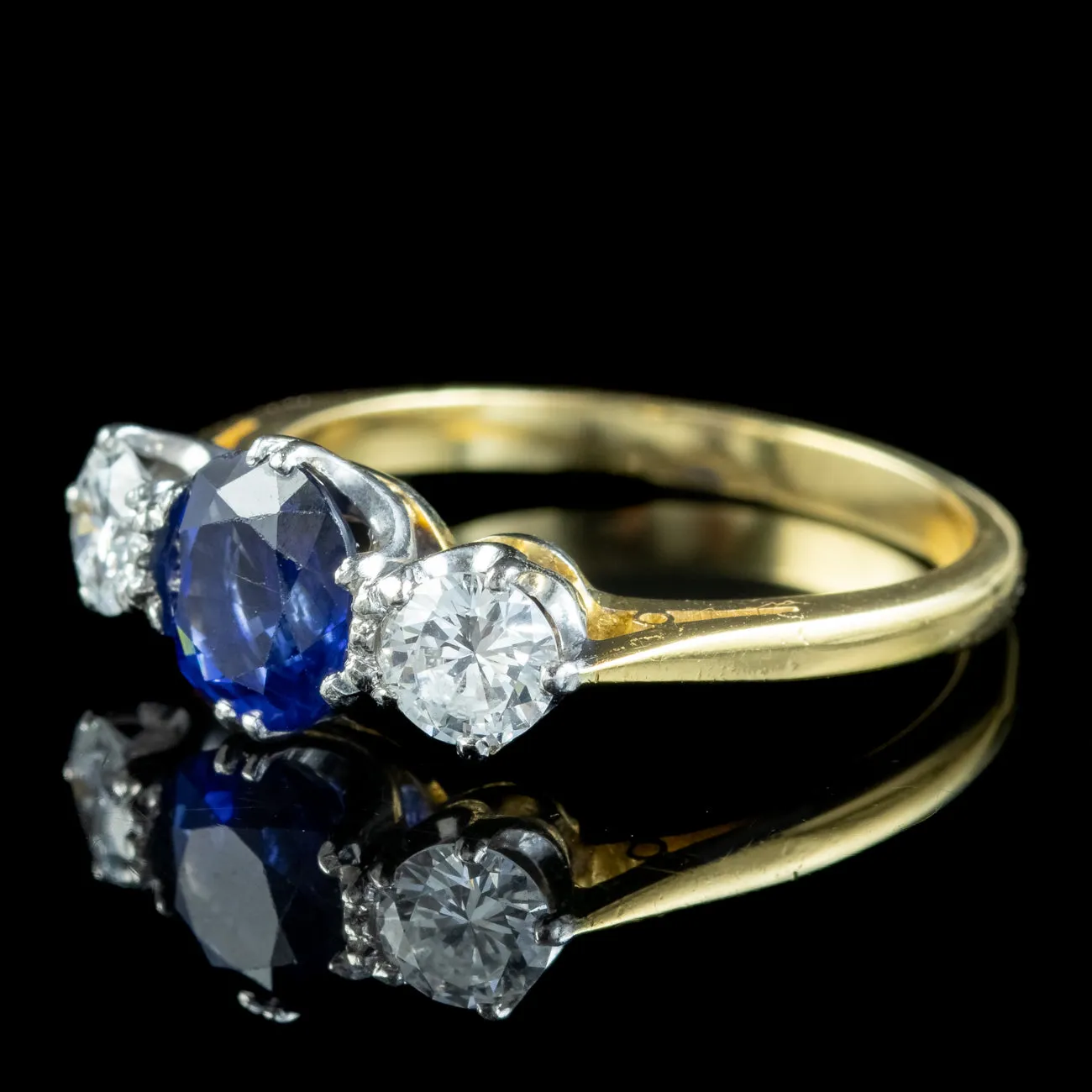 Antique Edwardian Ceylon Sapphire Diamond Trilogy Ring 1.51ct Sapphire With Cert