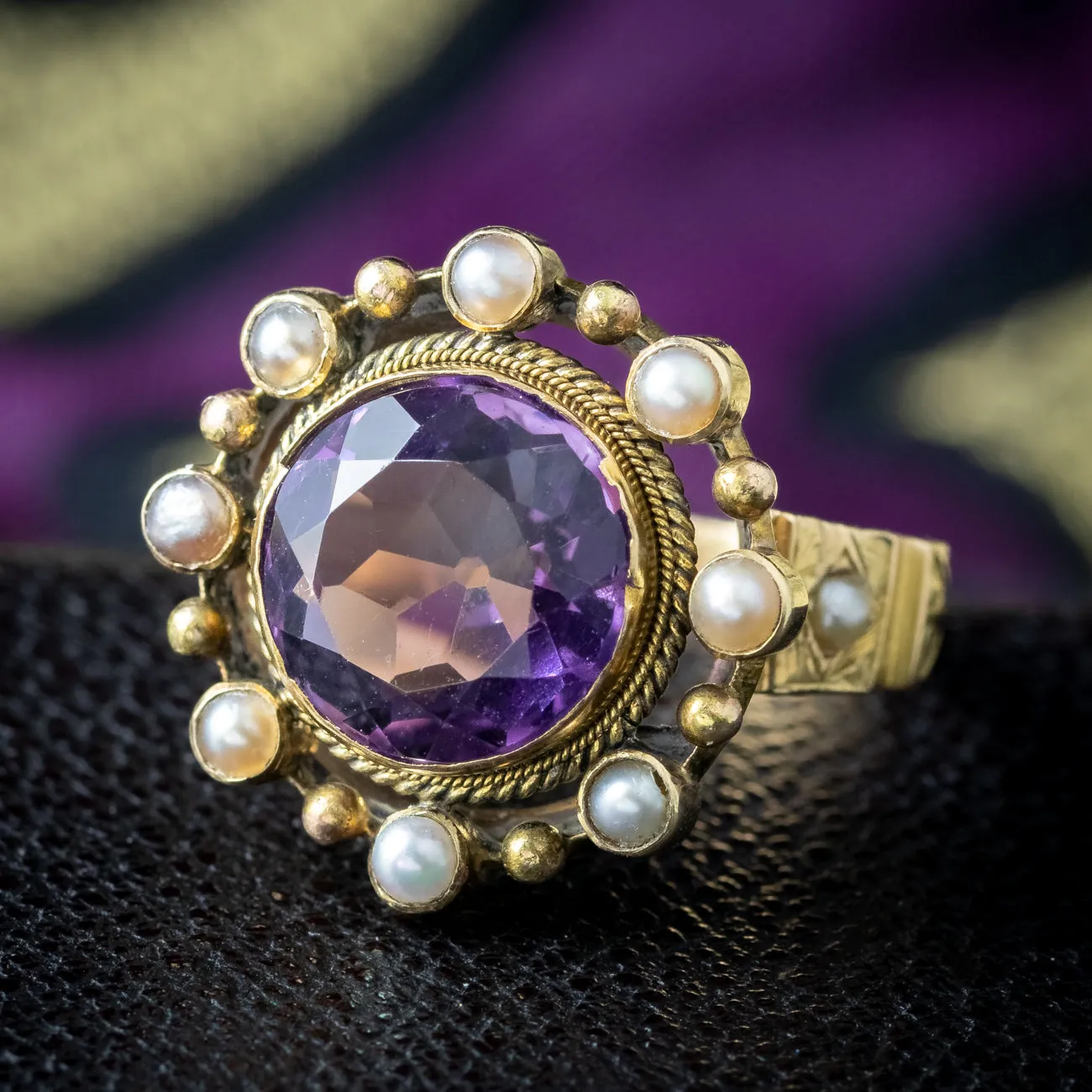 Antique Victorian Amethyst Pearl Cluster Ring 6ct Amethyst