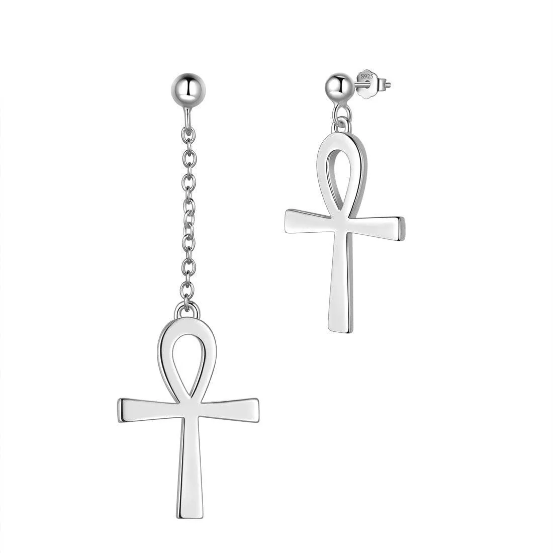 Asymmetry Ankh Cross Earrings Women Mens Jewelry Sterling Silver