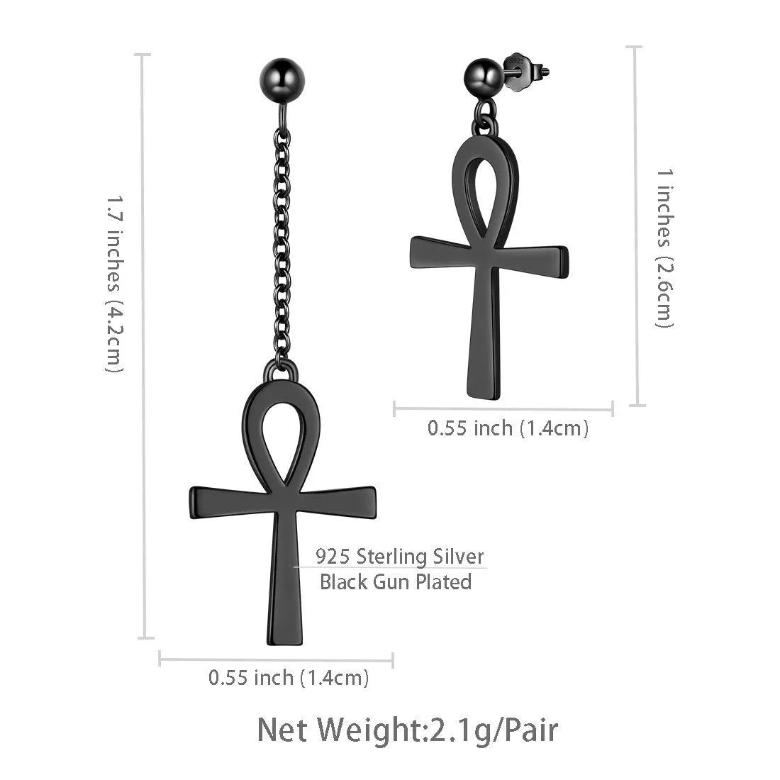 Asymmetry Ankh Cross Earrings Women Mens Jewelry Sterling Silver