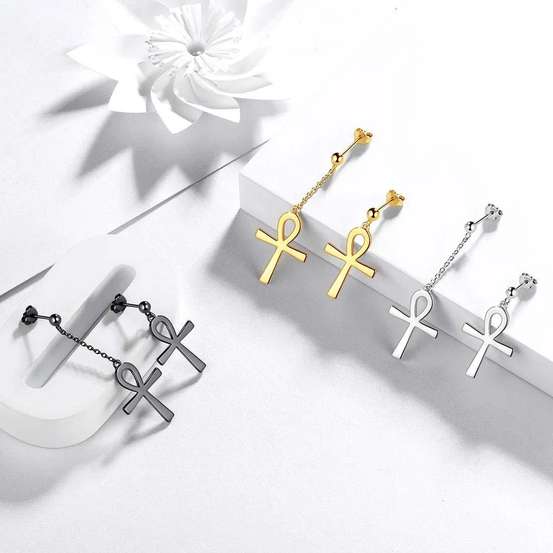 Asymmetry Ankh Cross Earrings Women Mens Jewelry Sterling Silver