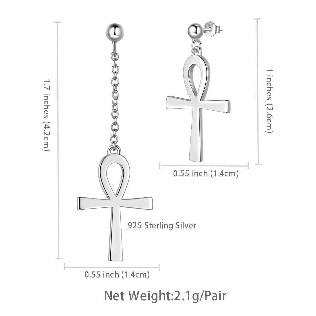 Asymmetry Ankh Cross Earrings Women Mens Jewelry Sterling Silver