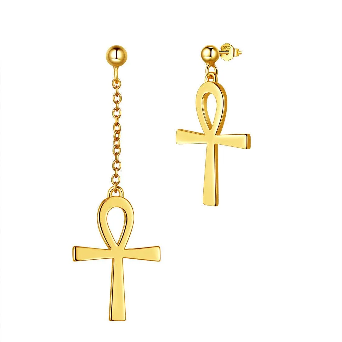 Asymmetry Ankh Cross Earrings Women Mens Jewelry Sterling Silver