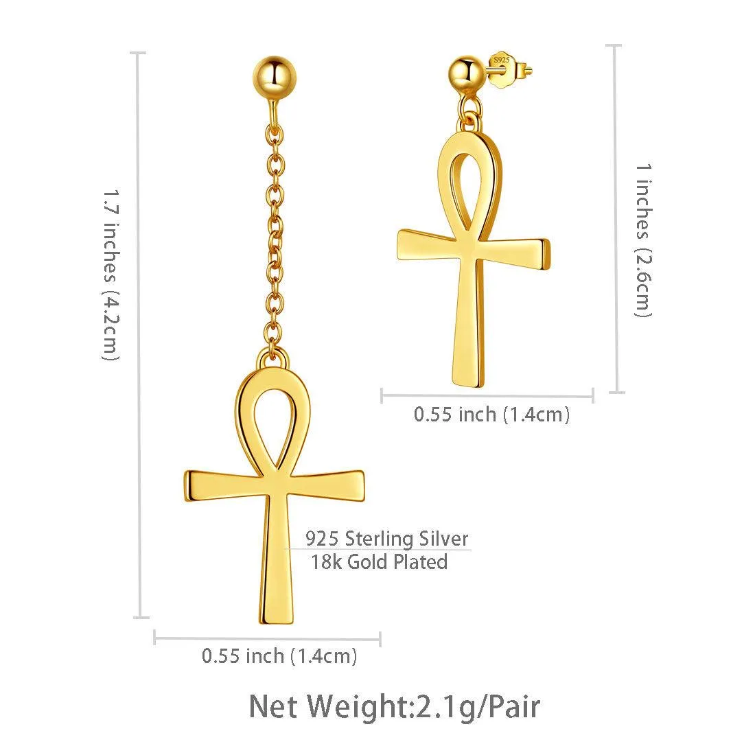 Asymmetry Ankh Cross Earrings Women Mens Jewelry Sterling Silver