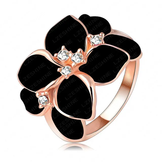 Beagloer Hotting Sale Jewelry Ring With Rose Gold Color Austrian Crystal Black Enamel Flower/Wedding Ring For Women Ri-HQ1006