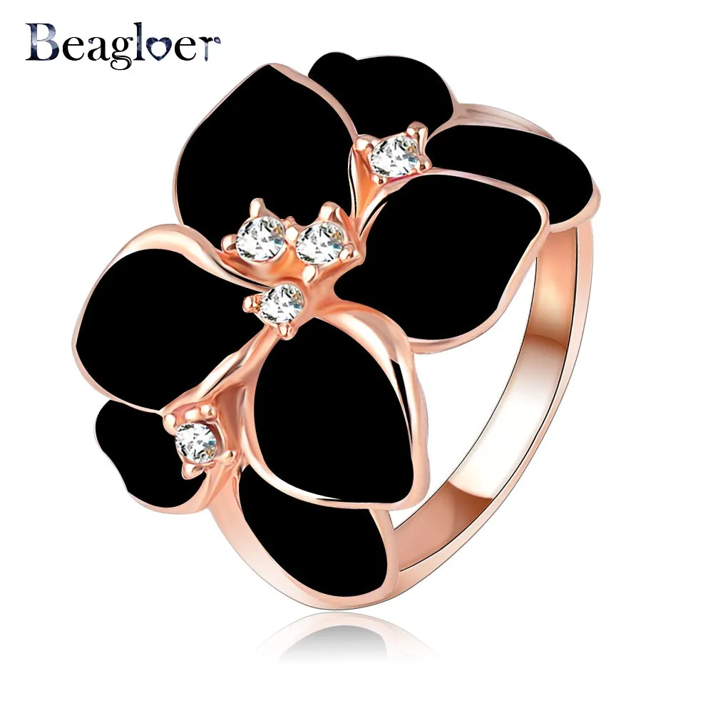 Beagloer Hotting Sale Jewelry Ring With Rose Gold Color Austrian Crystal Black Enamel Flower/Wedding Ring For Women Ri-HQ1006