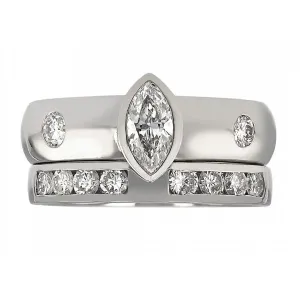 Bezel Marquise Wide Band Wedding Set with Floating Diamonds