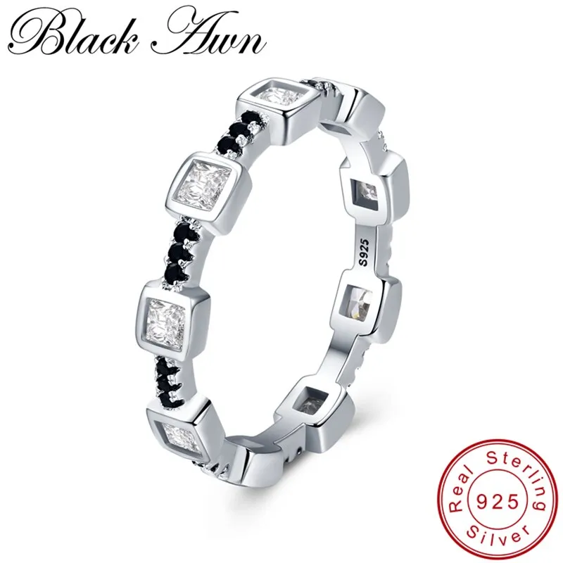 BLACK AWN Genuine 925 Sterling Silver Black Spinel Ring for Women